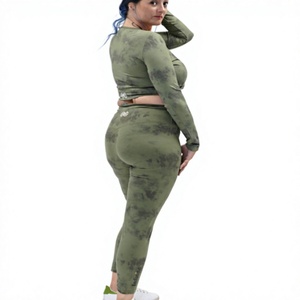 Wholesale Custom Logo OEM Tie-Dyed 2 Pieces <b>Set</b> Crop Top Long Sleeve Tees Butt Lifting <b>Sexy</b> Leggings Spandex/Polyester Knit - Product Image 2