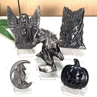 Crânes sculptés en obsidienne argentée naturelle, dragon, ange, décoration gothique, pierre de guérison, Reiki, cadeaux d'Halloween, vente en gros