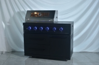 Barbecue à gaz 4 brûleurs de haute qualité avec brûleurs latéraux infrarouges, mini-réfrigérateur en verre, revêtement en poudre noire, éclairage LED, hauteur réglable