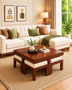 Mesa de Centro de Madera Maciza de Sheesham de Diseño con Cuatro Taburetes, Juego de Muebles Modernos para Sala de Estar, Patio y Hogar - Product Image 1