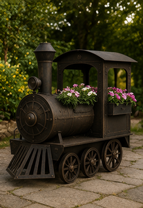 Jardinière vintage en forme de train, décoration de jardin extérieure, pot à fleurs en métal, design rustique de locomotive, décoration de cour et de patio - Product Image 2