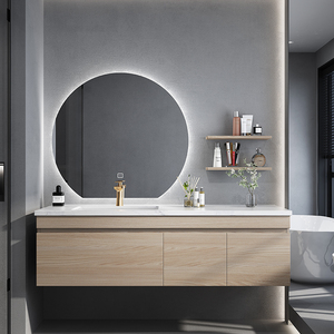 Meuble-lavabo de salle de bain de luxe en mélaminé avec miroir intégré et lavabo en céramique pour usage hôtelier - Product Image 1