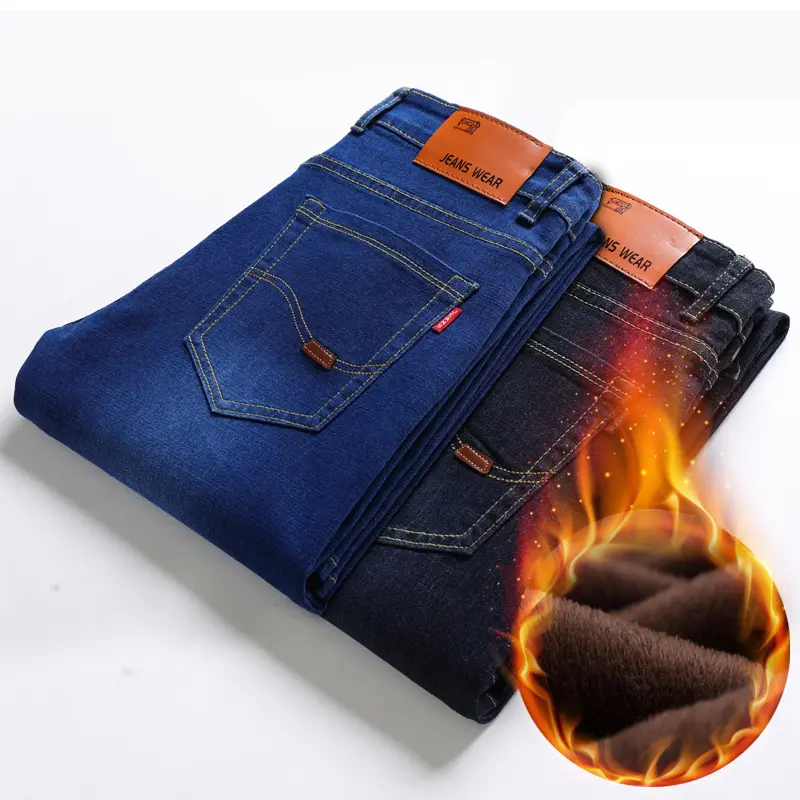 Fitspi Wholesaleメンズフリース裏地付き厚手のジーンズヤングビジネスプラスサイズストレートロングデニムパンツドロップシッピング