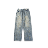 Jean ample vintage gothique pour homme de haute qualité, taille mi-haute, délavage clair, effet vieilli, graffiti, 100 % coton, style hip-hop