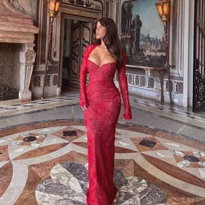 Abito Estivo in <span class=keywords><strong>Pizzo</strong></span> Trasparente e Cashmere, Stile Sirena, Lunghezza al Ginocchio, Maniche Lunghe, con Contrasto di Colore e Motivo Tinta Unita - Product Image 2