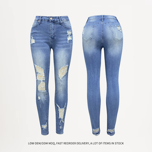 2025 mode Stretch <span class=keywords><strong>jean</strong></span> femmes Long trou rupture <span class=keywords><strong>taille</strong></span> moyenne petite jambe pantalon maigre mode <span class=keywords><strong>jean</strong></span> - Product Image 2