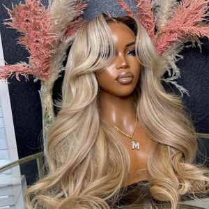 Parrucche all'ingrosso Ombre Brown Roots Ash Blonde in <span class=keywords><strong>Capelli</strong></span> Umani, Parrucca Frontale in Pizzo HD 13x6 Body Wave per <span class=keywords><strong>Donna</strong></span>, Senza Colla, con Pizzo Trasparente - Product Image 2