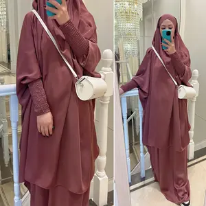 Loriya Traditional Muslim Clothing Women 2pc Prayer Abaya Set With Skirt And Attached Hijab Soft Satin Jilbab Muslim Dress