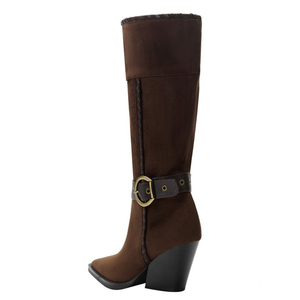 Big Size 46 High Wedge Heels Pointed Toe Shoes Metal Belt Buckles Suede Cowboy <b>Boots</b> Women's Flock Knee High Wide Fit Booties - Product Image 4