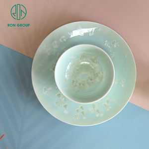 Mist Blue-Green Porcelain Ware Crazed Celadon Soup Bowl Plate Set - Product Image 1