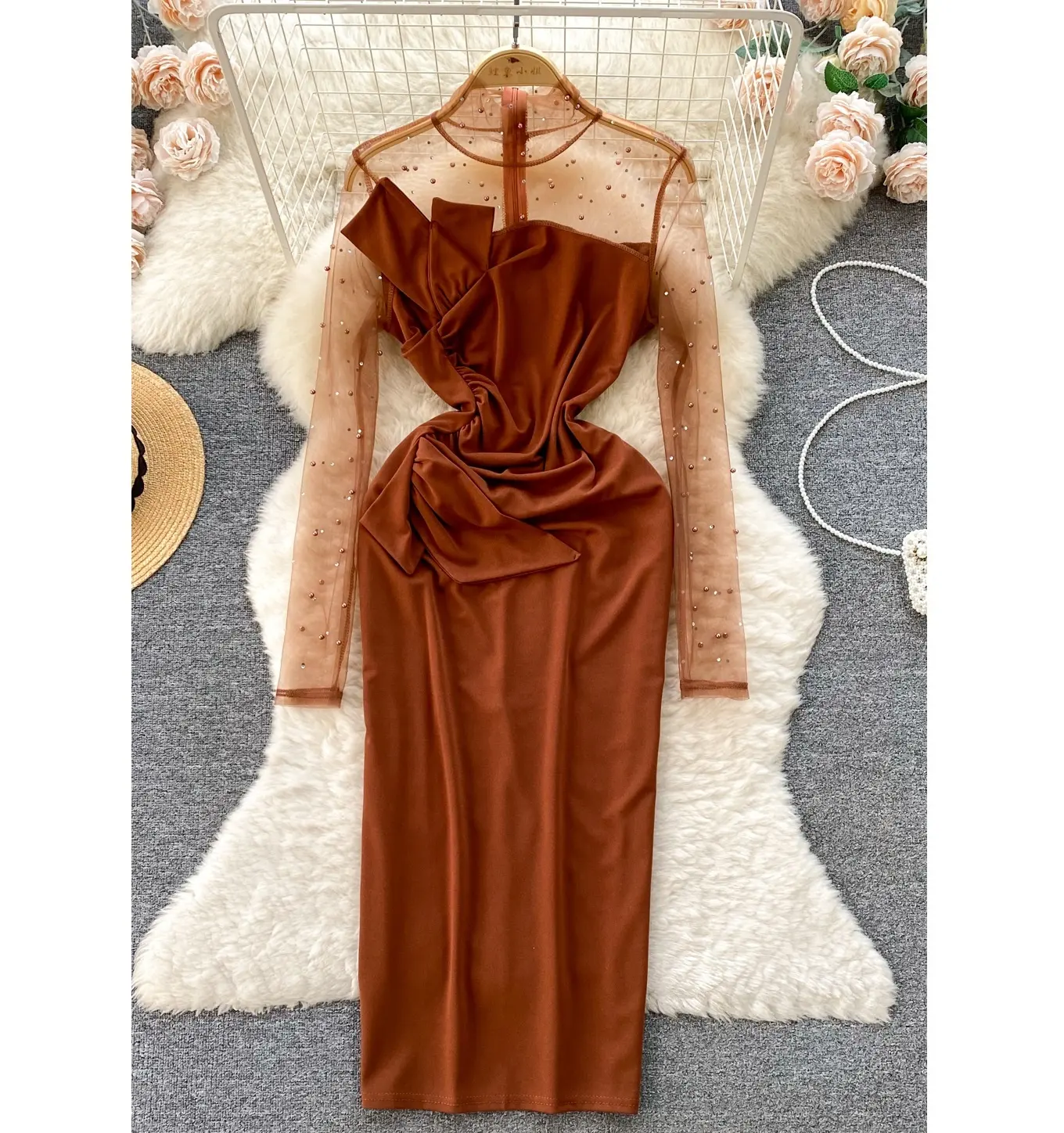 महिलाओं के लिए नई उच्च गुणवत्ता वाले सुरुचिपूर्ण midi पोशाक साम्राज्य के बीड जाल वेस्टिडो की महिला सुरुचिपूर्ण कपड़े