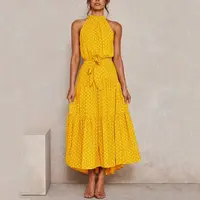 Ropa de vacaciones de verano para mujer, vestido largo amarillo con estampado de lunares, vestidos informales sexys con cuello Halter sin tirantes, novedad de 2021