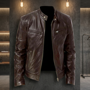 BS International Brown Calf Leather Canvas <b>Racer</b> <b>Jacket</b> Customized Waterproof Windproof Mandarin Collar Zipper Closure Front - Product Image 1