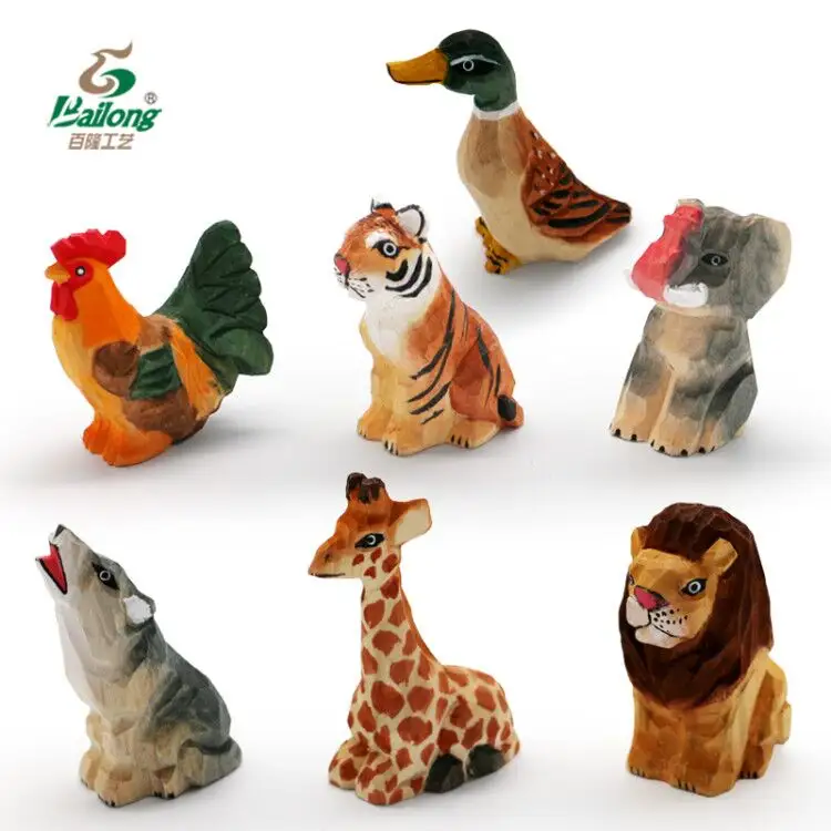 Ready to ship handmade kids toy 6cm rustic souvenir gift set cute wood carving crafts animals