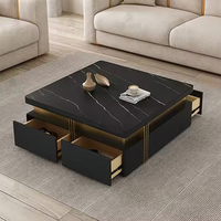 Table basse carrée moderne de luxe en pierre frittée avec piètement en acier inoxydable doré, tables de salon avec rangement pour le thé