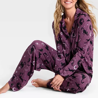 Ensemble pyjama d'hiver imprimé pour femme, col à revers, haut boutonné à manches longues, pantalon large, vêtements de nuit en tricot doux, tenue décontractée pour femmes