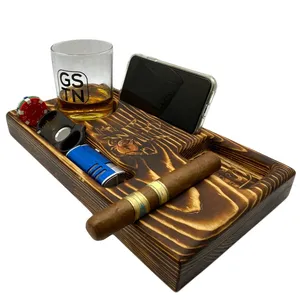 JUNJI Country Pine Shark Poker Cigar Ashtray Glass Poker Chips Phone Holder Multi-functional Wood Ash Gift Tray