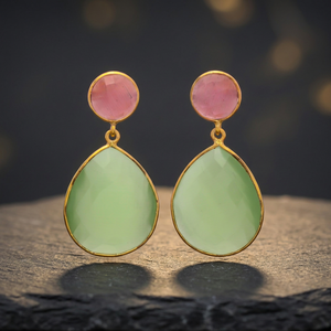 GREEN PINK MONALISA GEMSTONE CLASSIC 14K GOLD PLATED BRASS DROP EARRINGS PEAR SHAPE UNISEX for ANNIVERSARY JAIPUR GEMS JEWELRY - Product Image 2