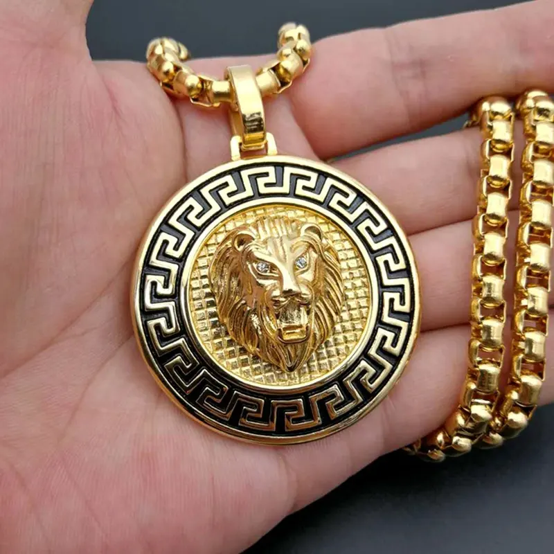 Altın aslan oyma yuvarlak özel Logo kolye kolye