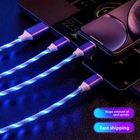 Cable de Carga Rápida USB 3 en 1 con Cubierta de TPE y Luces LED Intermitentes para Teléfono Móvil y Vehículo, Conectores Micro USB Tipo C