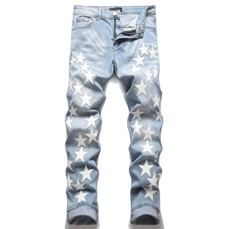 Neue Herren Star Patches Design Ripped Vintage Slim Jeans Blue Distressed Patch ched Herren Hosen Denim