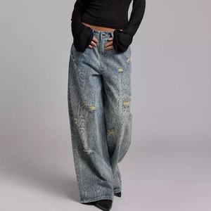 Jeans de mezclilla vintage rasgados de cintura alta para mujer, estilo holgado y recto, con doble cintura, lavado desgastado, a la moda - Product Image 1