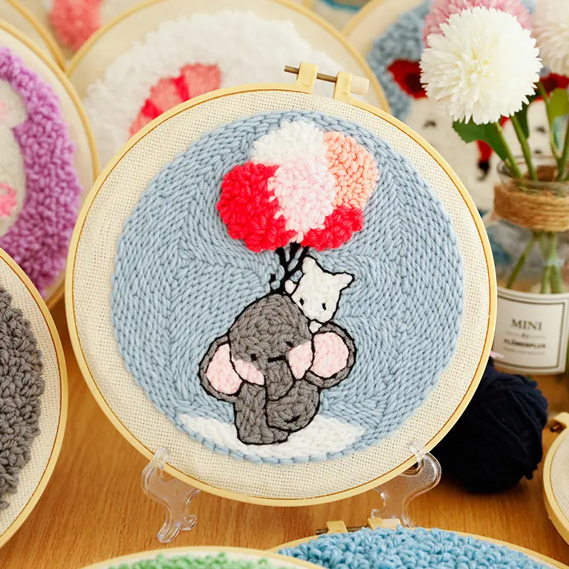 Easy Punch Needle Embroidery Kit with Hoop for Beginner Cartoon Embroidery Needlework Handmade Sewing Kits Craft Gift