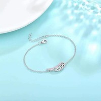 Bracelet Bohème en Argent S925 Aile d'Ange, Bracelet en Argent Sterling avec Zircon Bleu et Plume