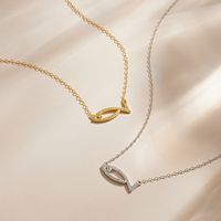 FUAMAY Delicado Collar con Colgante de Símbolo de Pez Ichthys de Plata 925, Chapado en Oro/Rodio de 18K, Completamente Pavimentado con Circonitas Cúbicas, Regalo de Cumpleaños, Venta al por Mayor