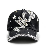 Casquette en jean avec joli patch de lettres et de fleurs en strass colorés, plusieurs couleurs disponibles, vente en gros