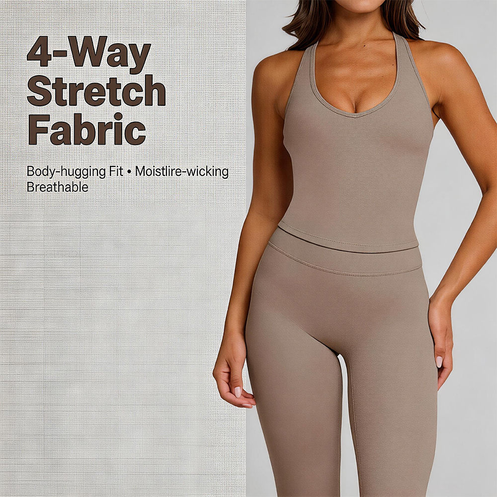 Custom Logo Women Slim Halter V-Neck Yoga Tank Top Set, Lightweight Breathable, Removable Thick Pad, Soft Stretch Nylon Fabric