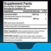 1500mg NAD+ liposomal pour adultes avec resvératrol, 45 jours de capsules, soutient la santé cellulaire et l'énergie