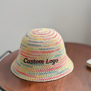 Custom Logo Striped Cotton Yarn <b>Bucket</b> <b>Hat</b> Hand Embroidered Unisex Spring Summer Beach Casual Adult <b>Hat</b> - Product Image 1