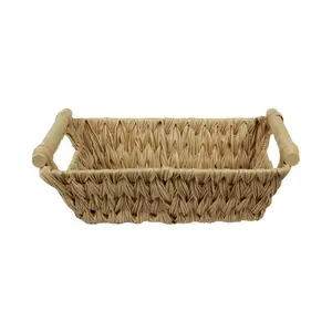 批发手工编织水葫芦储物托盘篮子，带木质手柄