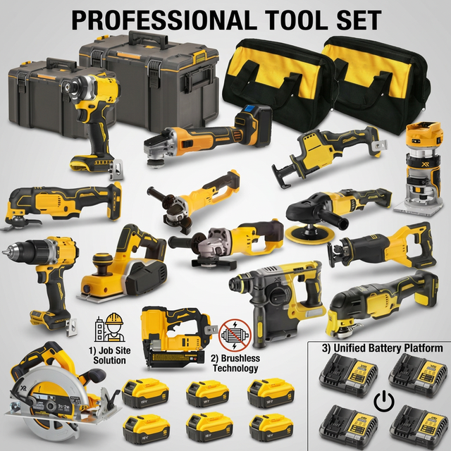 Construction Cordless Power Tool Combo Kit Impact Drill Rotary Hammer Angle Grinder Lithium Wireless Tools Set