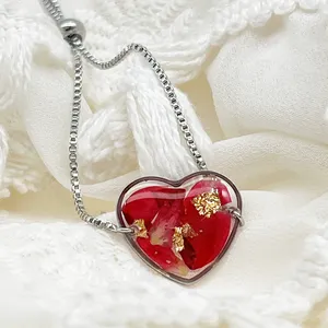 Custom Handmade Real Rose Flower Resin Gold Foil Adjustable Jewelry Necklace Bracelet Earring Set For Women
