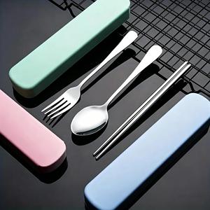 Ensemble de couverts portables modernes pour l'extérieur, cuillère, fourchette, baguettes avec boîte de rangement, couverts en acier inoxydable pour les voyages, le camping, l'école - Product Image 1