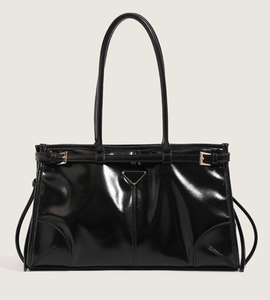 <b>Black</b> <b>Patent</b> Leather Tote <b>Handbag</b> Women Shoulder Bag Zipper Closure Foldable Durable Geometric Purse for Daily Use - Product Image 1