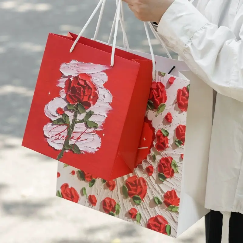 Oil painting rose 520 Valentine's Day gift bag birthday gift handbag with gift paper bag