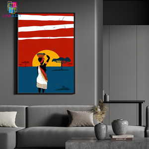 UNIART familia africana que lleva agua al atardecer arte de pared estilo africano ilustraciones con marco lienzo impresión arte de pared para decoración del hogar - Product Image 5