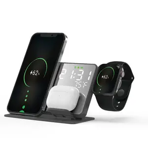 4 In 1 Time Temperature Display Digital Aalm Clock LED Desktop Stand 15W Fast Qi Wireless Charging for iPhone Watch Airpods