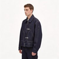 Veste en jean zippée unie pour homme, coupe oversize courte, design de boutons personnalisé, en polyester-coton épais 14 oz