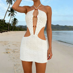 Vestido Blanco de Punto Calado Sexy para Vacaciones en la Playa, Elegante, Ajustado, Retro, con Cuentas, Halter, Sin Espalda, Ajuste Delgado, Cintura Natural, para Mujer - Product Image 1