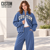 Ensemble décontracté 2 pièces en coton pour femme : veste oversize brodée à double fermeture éclair et col montant, et pantalon de survêtement ample à jambes larges