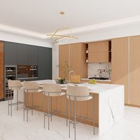Desain kabinet rumah pulau dapur Interior Modern dengan meja kayu