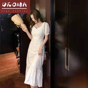 Droma 2021 חם קיץ חדש צרפתית רטרו ארוך שמלת פאף שרוול לבן שמלת נשים