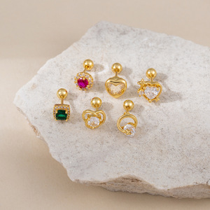Pendientes de botón con forma de corazón, chapados en oro con circonita, joyería de moda para mujer - Product Image 2