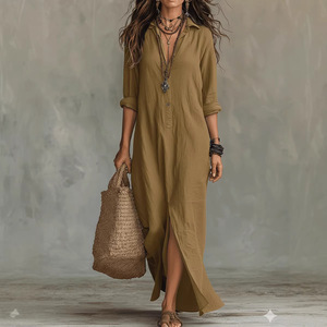 Vestido de Mujer para Primavera/Verano 2026, Estilo Europeo <span class=keywords><strong>y</strong></span> Americano, Color Sólido, Cuello con Abertura Frontal, <span class=keywords><strong>Falda</strong></span> Larga Informal Tipo <span class=keywords><strong>Camisa</strong></span> - Product Image 1
