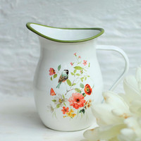 Pot Bunga Enamel dengan Gagang, Desain Logo Kustom Tebal ala Eropa, Gaya Vintage Klasik Modern untuk Dekorasi Rumah, Wadah Air, Pitcher