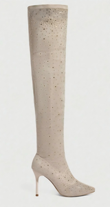 Bottes sexy beiges au-dessus du genou, bottes scintillantes à strass, bottes hautes à bout pointu, talons aiguilles, chaussures de soirée et de mariage pour femmes - Product Image 4